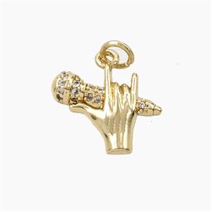 Copper Microphone Hand Pendant Pave Zirconia Gold Plated, approx 13-16mm