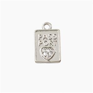 Copper Passport Pendant Pave Zirconia Heart Platinum Plated, approx 8-11mm