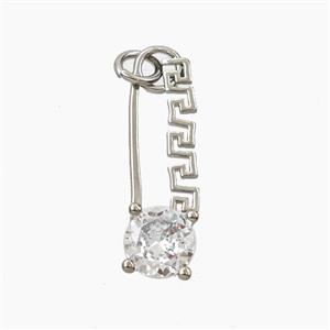Copper Safety Pin Pendant Pave Zirconia Platinum Plated, approx 7-24mm