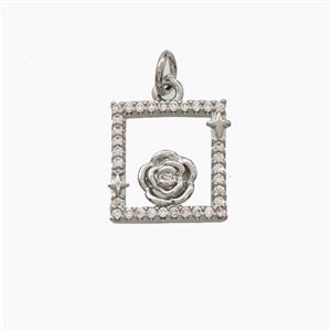 Copper RoseFlower Pendant Pave Zirconia Platinum Plated, approx 13mm