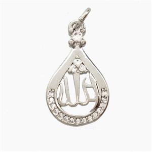 Copper Teardrop Pendant Pave Zirconia Allah Platinum Plated, approx 11.5-18mm