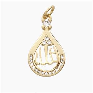 Copper Teardrop Pendant Pave Zirconia Allah Gold Plated, approx 11.5-18mm