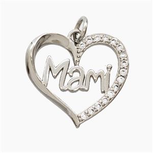 Copper Heart Pendant Pave Zirconia Mami Platinum Plated, approx 18mm