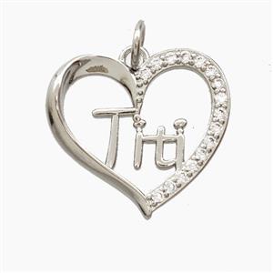 Copper Heart Pendant Pave Zirconia Titi Platinum Plated, approx 18-19mm