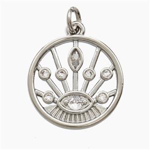 Copper Evil Eye Pendant Pave Zirconia Circle Platinum Plated, approx 18mm