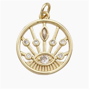 Copper Evil Eye Pendant Pave Zirconia Circle Gold Plated, approx 18mm