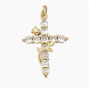 Copper Cross Pendant Pave Zirconia Flower Gold Plated, approx 18-24mm