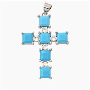 Copper Cross Pendant Pave Turq Zirconia Platinum Plated, approx 23-30mm