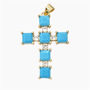 Copper Cross Pendant Pave Turq Zirconia Gold Plated, approx 23-30mm