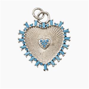 Copper Heart Pendant Pave Turq Zirconia Platinum Plated, approx 20mm