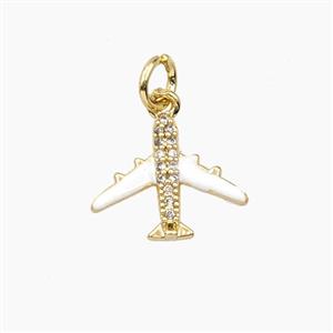 Enamel Airplane Pendant Pave Zirconia White Enamel Gold Plated, approx 14mm