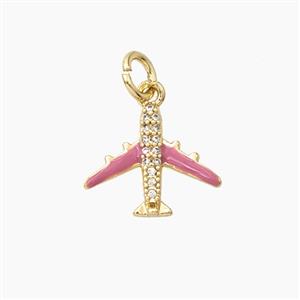 Enamel Airplane Pendant Pave Zirconia Pink Enamel Gold Plated, approx 14mm