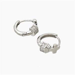 Copper Hoop Earrings Pave Zirconia Cross Platinum Plated, approx 14mm