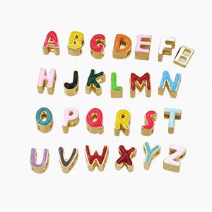 Copper Alphabet Beads Enamel 2Holes Gold Plated Mixed Letters, approx 5-8mm, 3mm hole