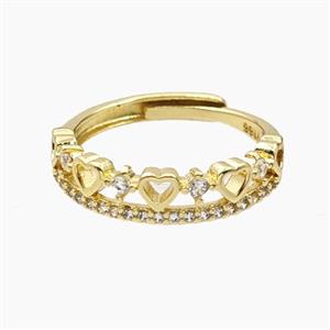 Copper Heart Rings Pave Zirconia Adjustable Gold Plated, approx 5.5mm, 18mm dia