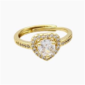 Copper Heart Rings Pave Zirconia Adjustable Gold Plated, approx 10mm, 18mm dia