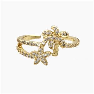 Copper Rings Pave Zirconia Starfish Coconut Tree Gold Plated, approx 9-14mm, 18mm dia