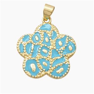 Copper Flower Pendant Teal Enamel Bohemia Style Gold Plated, approx 25mm