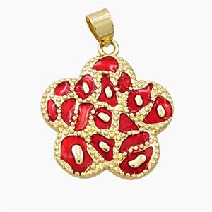 Copper Flower Pendant Red Enamel Bohemia Style Gold Plated, approx 25mm