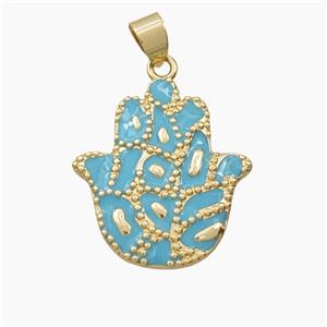 Copper Hamsahand Pendant Teal Enamel Bohemia Style Gold Plated, approx 23-25mm