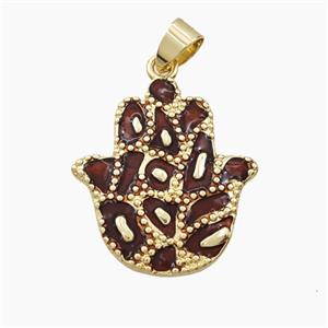 Copper Hamsahand Pendant DarkRed Enamel Bohemia Style Gold Plated, approx 23-25mm