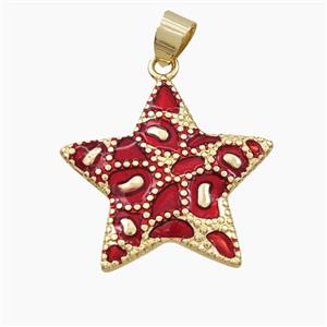 Copper Star Pendant Red Enamel Bohemia Style Gold Plated, approx 26mm