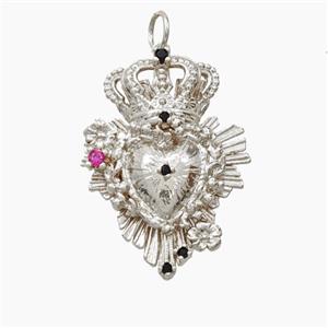 Copper Crown Heart Pendant Pave Zirconia Platinum Plated, approx 20-26mm