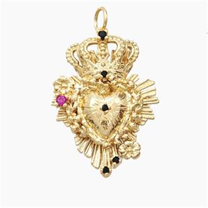 Copper Crown Heart Pendant Pave Zirconia Gold Plated, approx 20-26mm