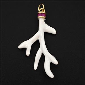 Coral Branch Charms Copper Pendant Pave Zirconia White Enamel Gold Plated, approx 20-32mm