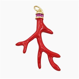 Coral Branch Charms Copper Pendant Pave Zirconia Red Enamel Gold Plated, approx 20-32mm