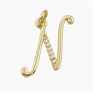Copper Letter-N Pendant Pave Zirconia Gold Plated, approx 12-20mm