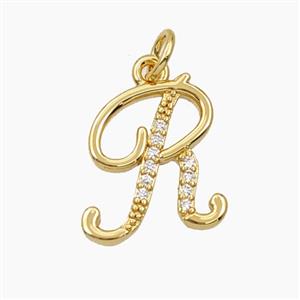 Copper Letter-R Pendant Pave Zirconia Gold Plated, approx 12-20mm