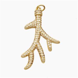 Coral Branch Charms Copper Pendant Pave Zirconia Gold Plated, approx 22-35mm