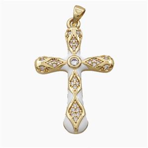 Copper Cross Pendant Pave Zirconia White Enamel Gold Plated, approx 25-35mm
