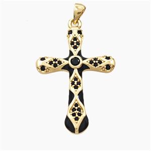 Copper Cross Pendant Pave Zirconia Black Enamel Gold Plated, approx 25-35mm