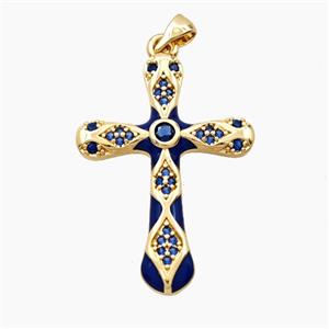 Copper Cross Pendant Pave Zirconia Blue Enamel Gold Plated, approx 25-35mm