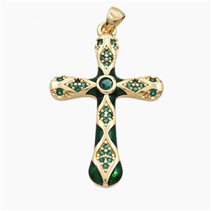 Copper Cross Pendant Pave Zirconia Green Enamel Gold Plated, approx 25-35mm