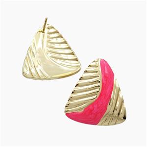 Copper Triangle Stud Earrings Red Enamel Gold Plated, approx 23-25mm
