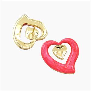 Copper Heart Stud Earrings Red Enamel Gold Plated, approx 22mm