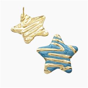 Copper Star Stud Earrings Turqblue Enamel Gold Plated, approx 25mm