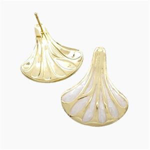 Copper Scallop Shell Stud Earrings White Enamel Gold Plated, approx 23-27mm
