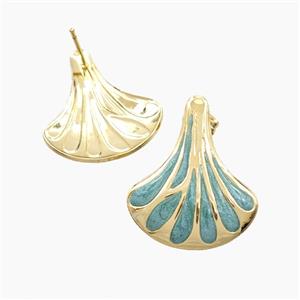 Copper Scallop Shell Stud Earrings Turqblue Enamel Gold Plated, approx 23-27mm