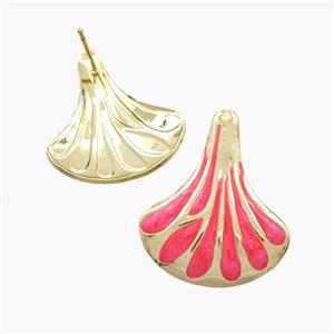 Copper Scallop Shell Stud Earrings Red Enamel Gold Plated, approx 23-27mm