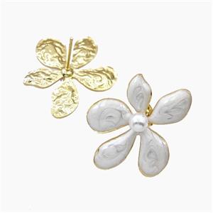 Copper Flower Stud Earrings White Enamel Gold Plated, approx 27mm