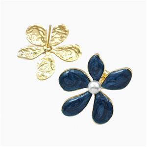 Copper Flower Stud Earrings Navyblue Enamel Gold Plated, approx 27mm