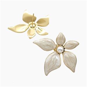Copper Flower Stud Earrings White Enamel Gold Plated, approx 33-35mm