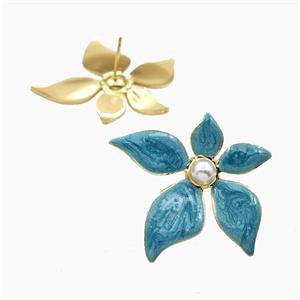 Copper Flower Stud Earrings Turqblue Enamel Gold Plated, approx 33-35mm