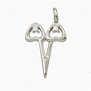 Copper Scissors Pendant Pave Zirconia Platinum Plated, approx 12-17mm