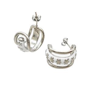 Copper Flower Stud Earrings White Enamel Platinum Plated, approx 12mm, 20mm dia