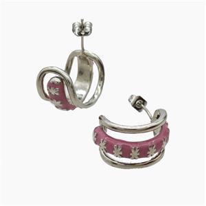 Copper Flower Stud Earrings Pink Enamel Platinum Plated, approx 12mm, 20mm dia